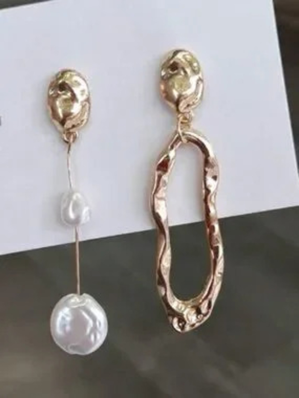 Gold Asymmetrical Pearl & Hammered Loop Earrings